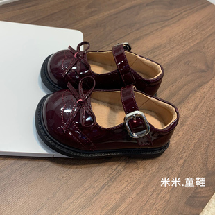 2026秋季新款镜面女童皮鞋红色蝴蝶结周岁礼服鞋女宝宝学步鞋软底