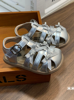 夏8-18个月女宝宝凉鞋蝴蝶结公主周岁礼服鞋包头学步鞋女童罗马鞋