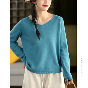 套头衫 V领长袖 休闲毛线上衣 时尚 园园美衣复古棉线针织毛衣女春款