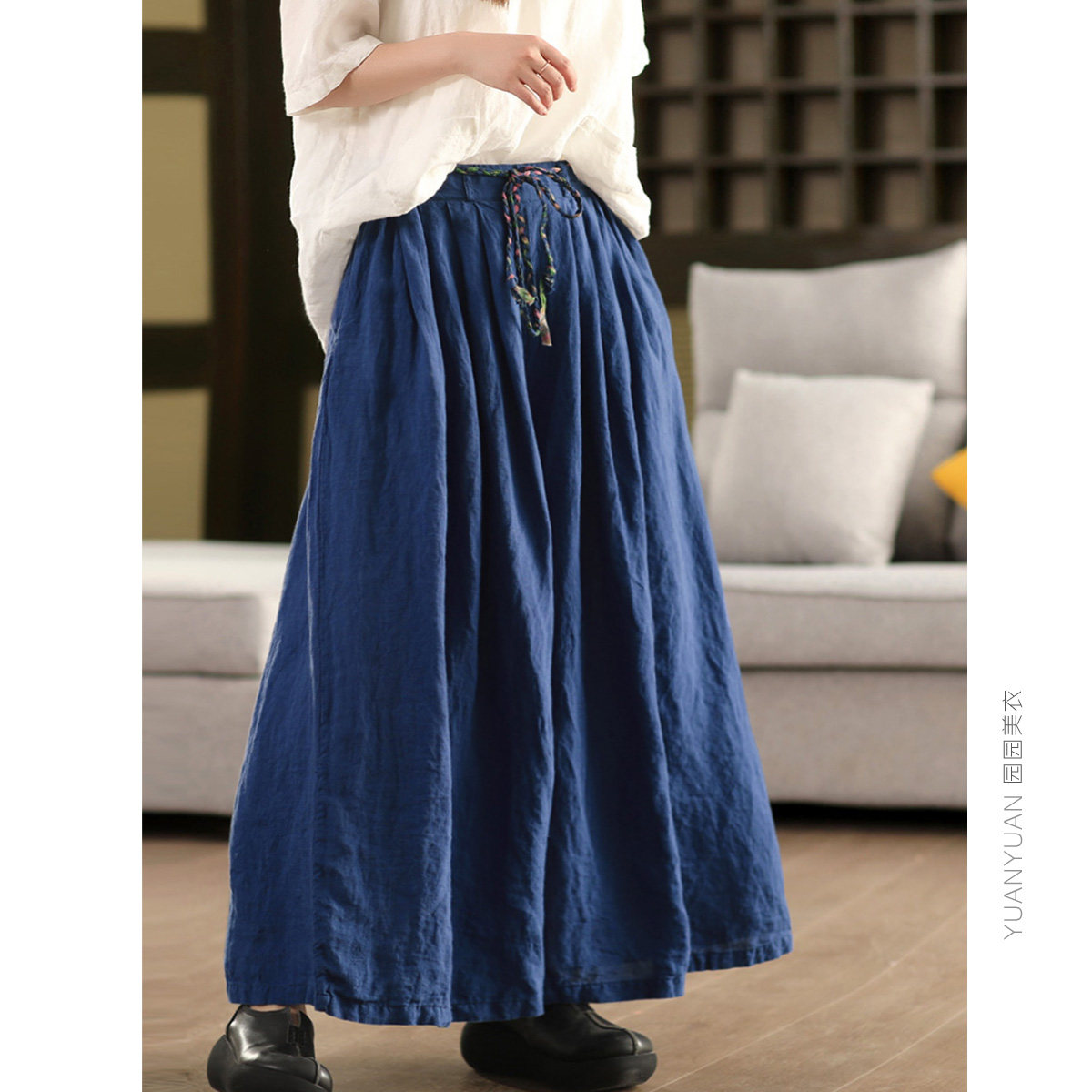 重工100%亚麻阔腿裤麻花腰带宽松裙裤显瘦文艺宽腿裤紫牧高定系列