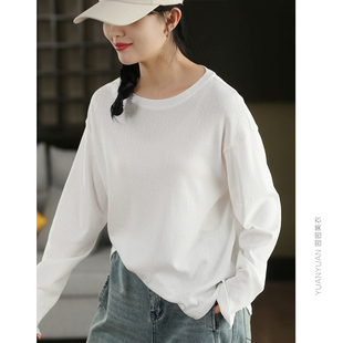 显瘦百搭休闲上衣 圆领套头衫 3.20宽松范亚麻棉长袖 T恤女春款