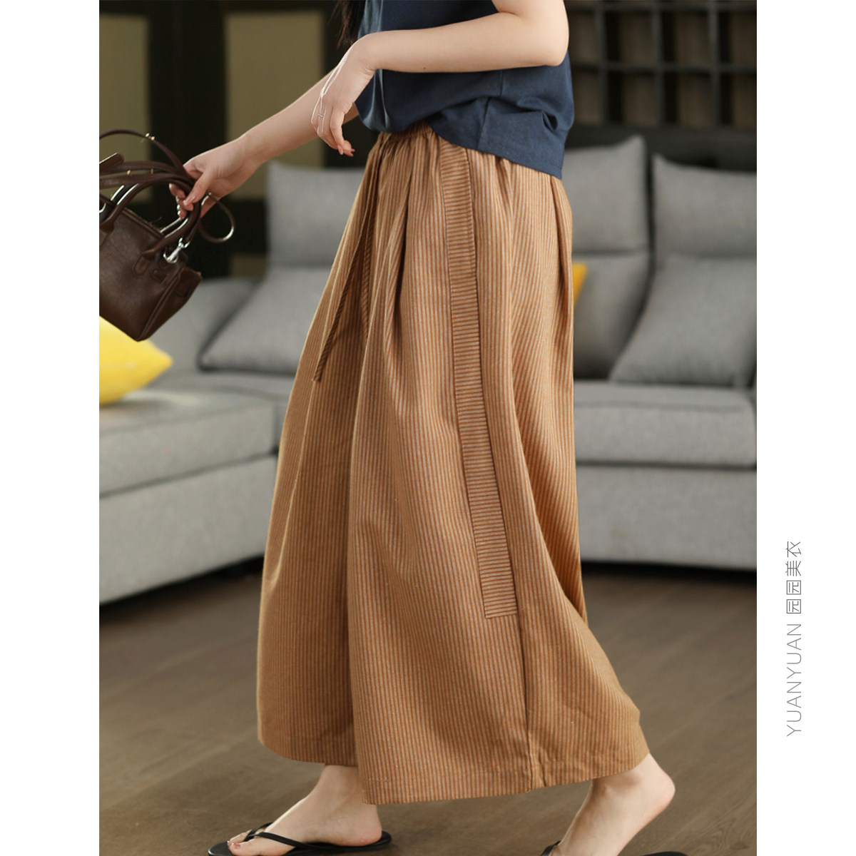 园园美衣复古色织亚麻条纹阔腿裤女春夏松紧腰显瘦裙裤文艺宽腿裤