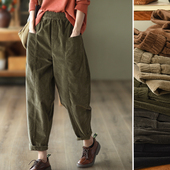 长裤 女松紧腰拼接显瘦条绒裤 秋 复古全棉灯芯绒哈伦裤 园园美衣新款