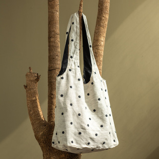 园园美衣复古波点亚麻帆布包夏季文艺宽肩带手提包大容量单肩包