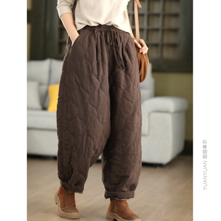 园园美衣冬季复古炒色100%麻夹棉棉裤女内里色织格纹加厚保暖麻裤