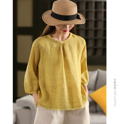 拼接蕾丝摆苎麻衬衫套头衫上衣