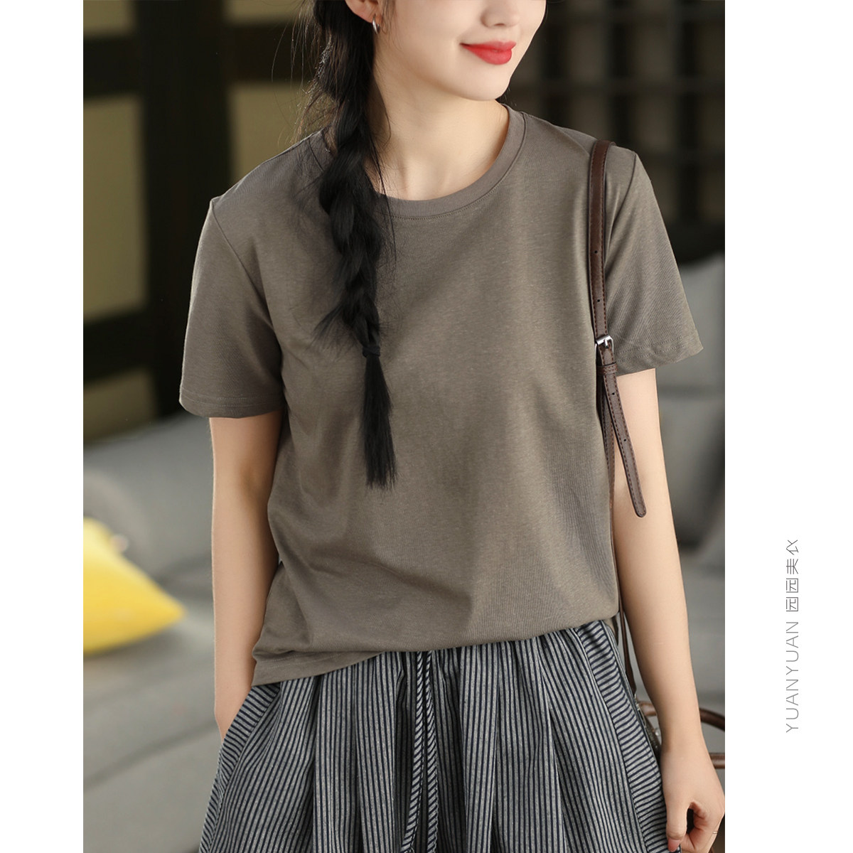 高端品质敦实挺括汉麻T短袖女夏季纯色百搭圆领套头衫显瘦上衣