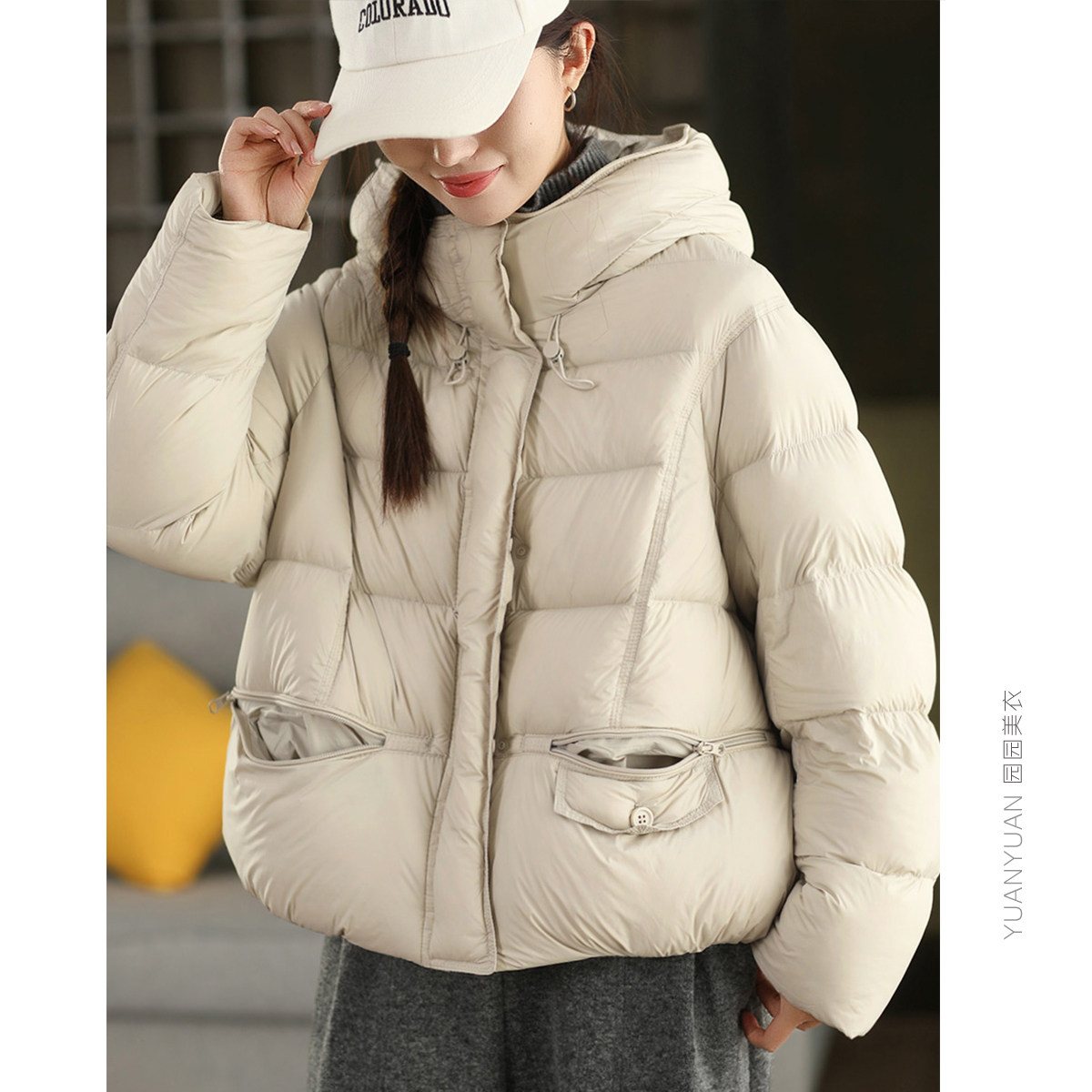 3.27美衣冬季90%白鸭绒保暖外套女时尚连帽加厚面包服蓬松羽绒服1