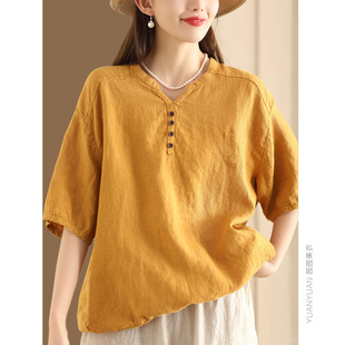 园园美衣复古砂洗亚麻衬衫 宽松文艺上衣衬衣 女气质V领中袖 套头衫