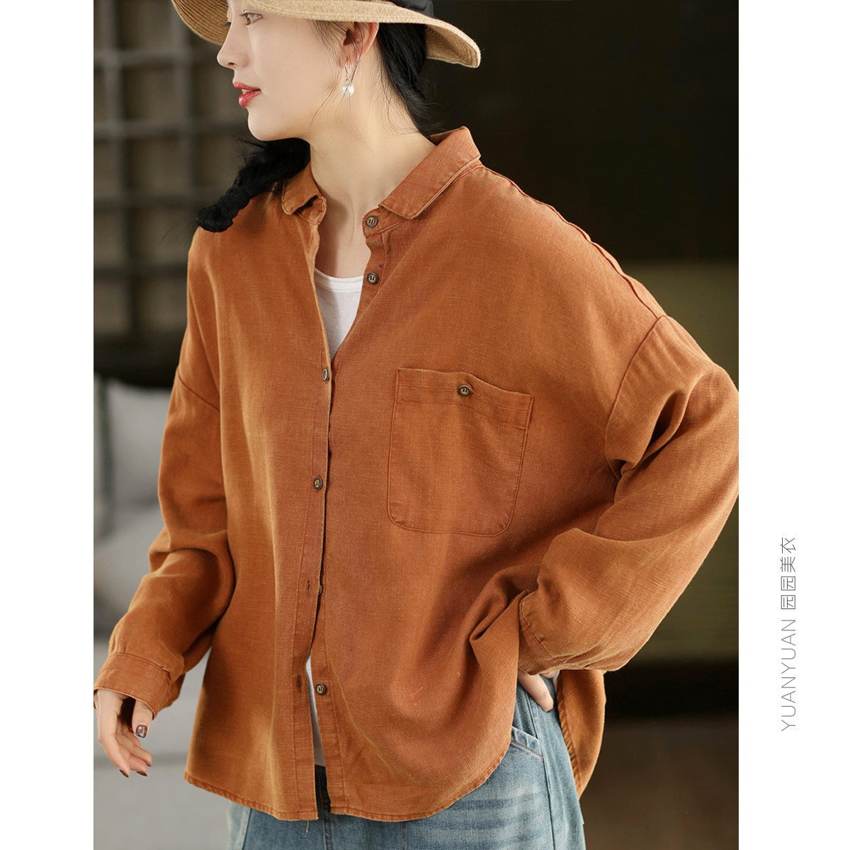 园园美衣复古炒色100%麻衬衫外套女春款翻领长袖衬衣单排扣上衣,女装/女士精品,衬衫,淘宝优惠券,粉丝福利购,淘宝优惠卷