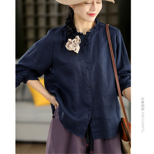 气质纯色衬衣开衫 女春款 上衣 100%亚麻衬衫 园园美衣复古木耳领长袖