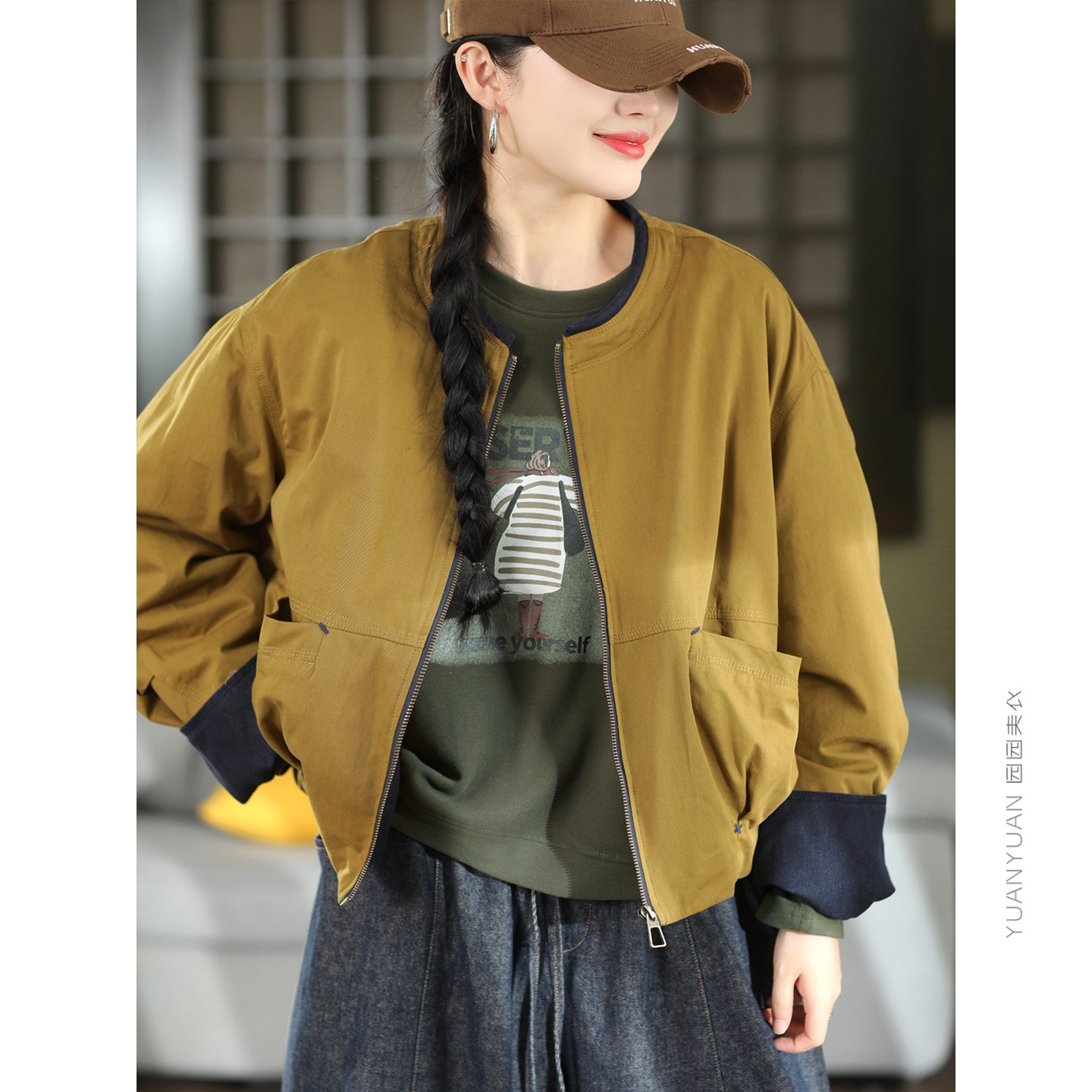 秋冬100%棉夹棉棉服外套女复古拼色圆领长袖加厚保暖棉衣文艺棉袄