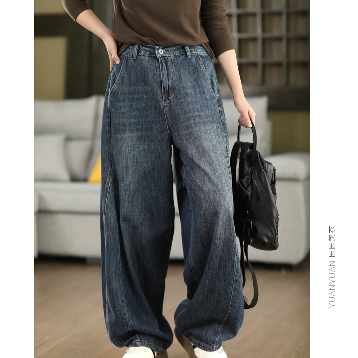 园园美衣时尚酵素水洗牛仔裤女高腰显瘦宽松阔腿裤显瘦直筒裤长裤