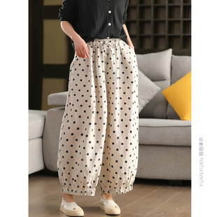 重工波点色织灯笼裤女纯亚麻内里包边休闲裤手工捏褶哈伦裤麻裤春