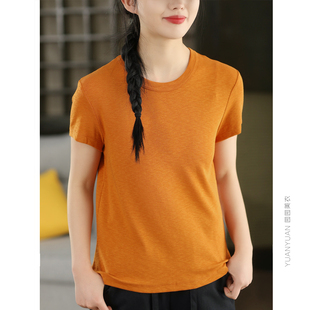 园园美衣复古高弹力棉质短袖 文艺休闲T恤上衣 春夏百搭纯色套头衫