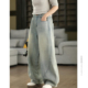 新款 紫牧高定 阔腿长裤 复古立体拼接显瘦浅蓝色牛仔裤 高腰百搭时尚