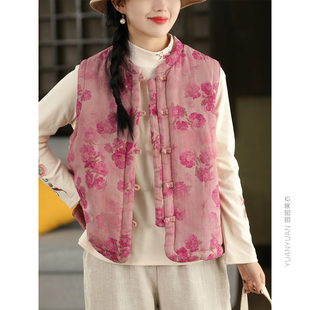 正反两面穿夹棉印花马甲外套女100%棉加厚保暖无袖马夹外搭上衣