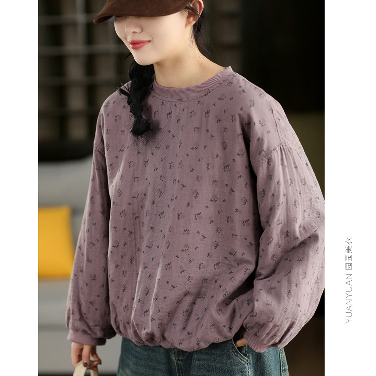 复古炒色印花全棉夹棉套头衫女早春款拼接螺纹圆领加厚卫衣式棉袄,女装/女士精品,棉衣/棉服,淘宝优惠券,粉丝福利购,淘宝优惠卷