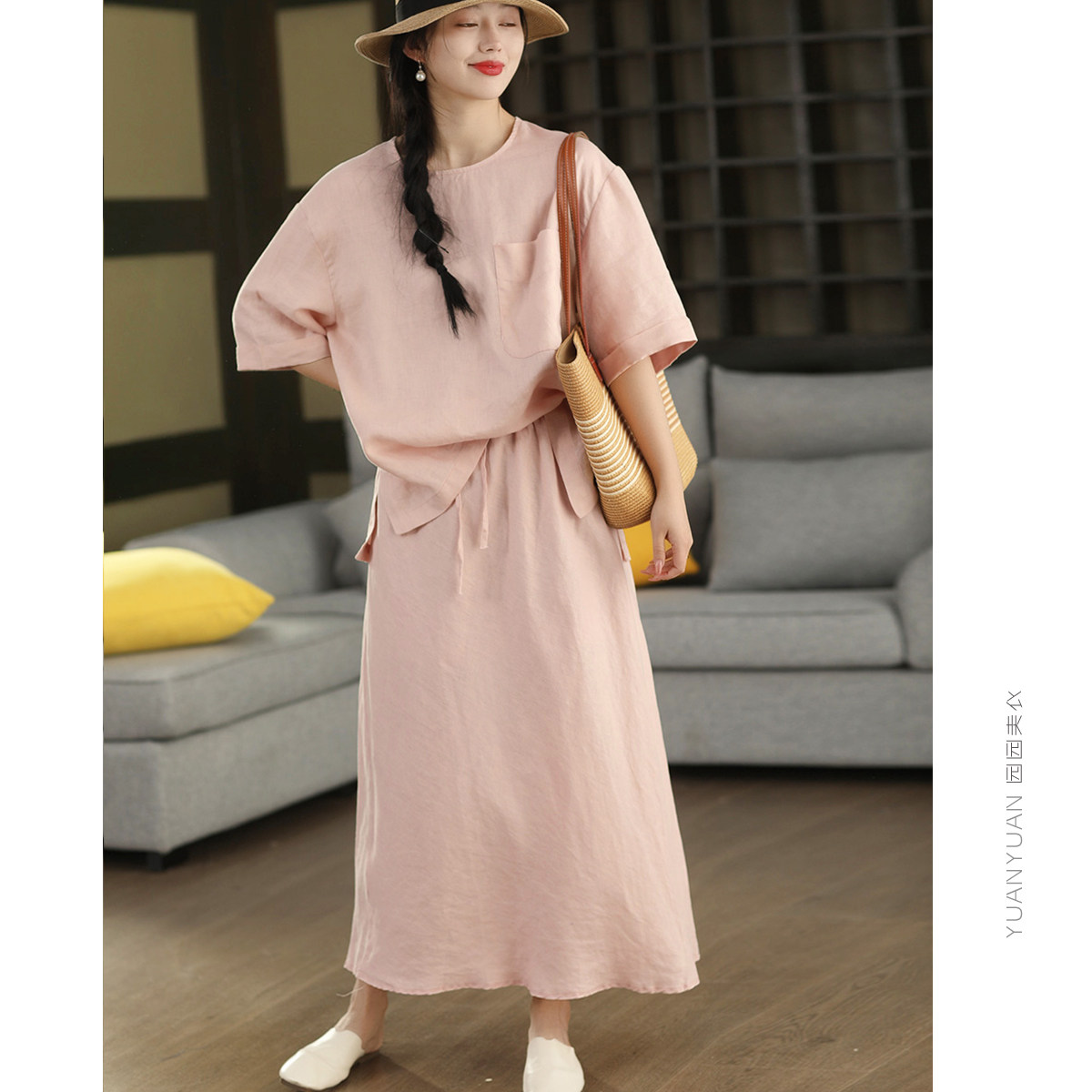 复古100%汉麻套装女气质圆领中袖套头衬衫显瘦长款A字裙两件套夏