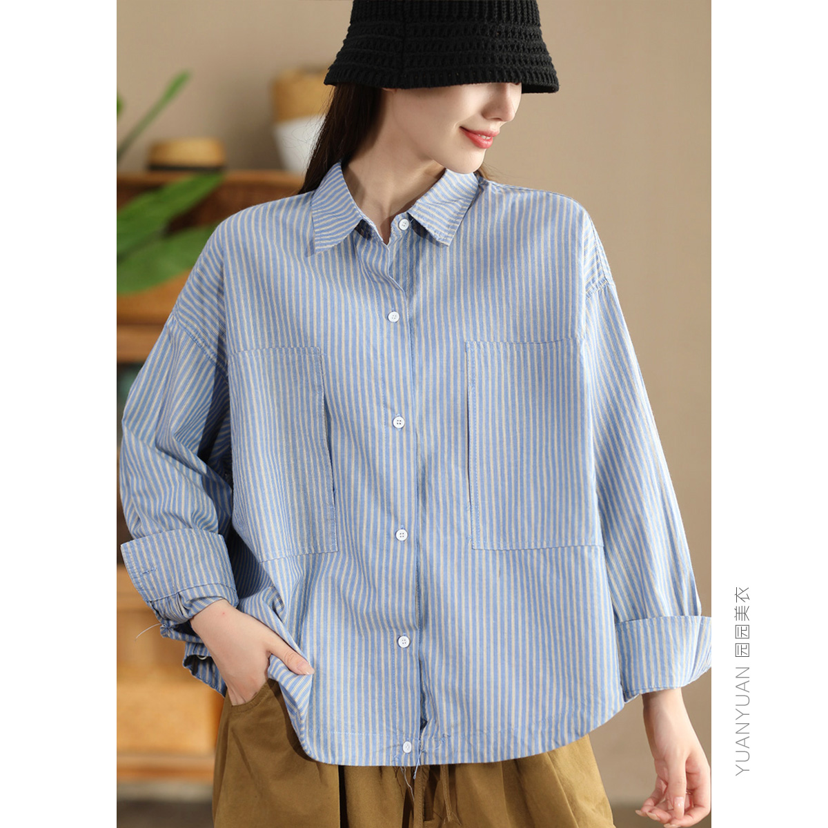 宽松复古单排扣长袖棉条纹衬衫