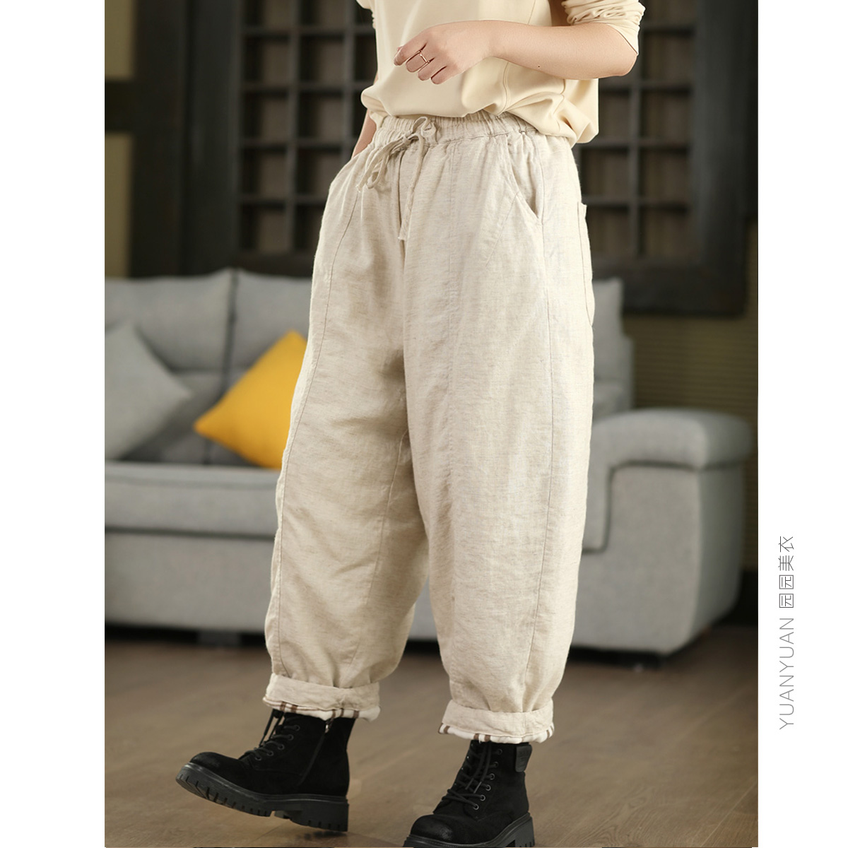 夹棉保暖麻裤加厚棉裤哈伦裤