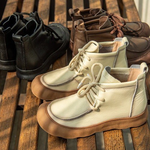 园园美衣秋季复古头层牛皮马丁靴女时尚系带透气真皮女鞋百搭短靴