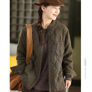 秋冬复古炒色100%亚麻夹棉立领衬衫外套内里色织格纹加厚外搭棉衣