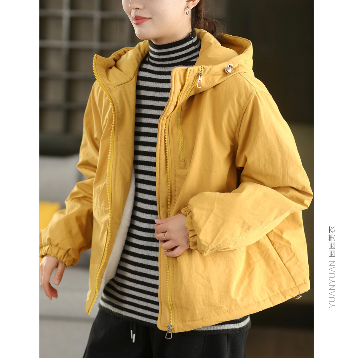 冬季复古高密棉加绒外套女夹棉长袖连帽加厚棉衣保暖棉袄夹克棉服