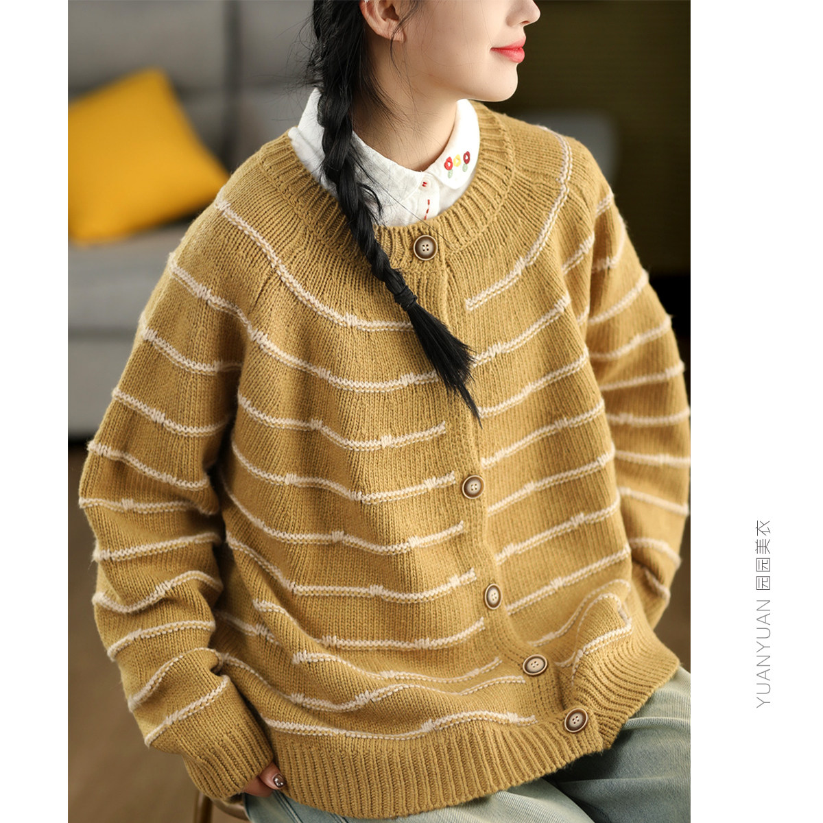 高品质 新款复古勾线条纹针织毛衣女春款单排扣长袖外搭休闲上衣,女装/女士精品,毛针织衫,淘宝优惠券,粉丝福利购,淘宝优惠卷