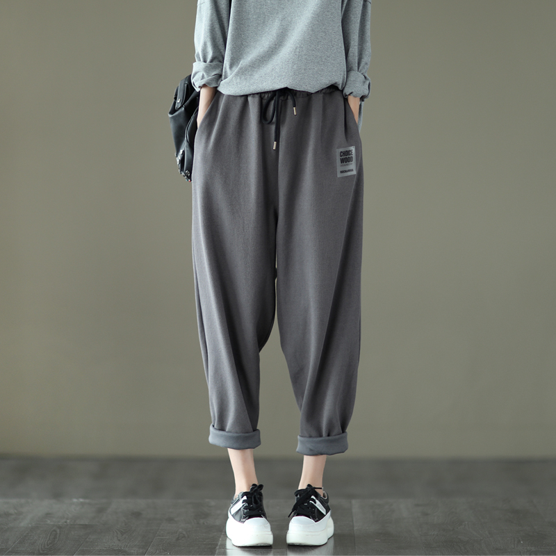 2025春款复古针织棉卫裤松紧腰休闲哈伦裤长裤显瘦宽松纯色运动裤