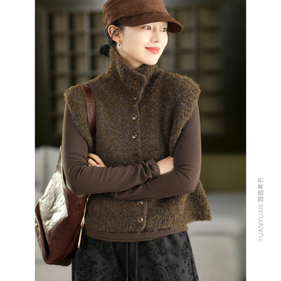 园园美衣定制纱线圈圈羊毛加厚马甲女单排扣无袖针织短款马夹上衣