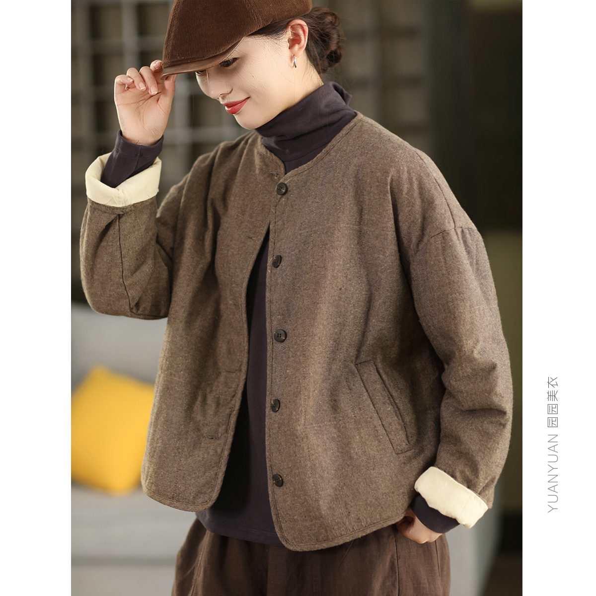 亚麻夹棉棉袄保暖棉衣外套