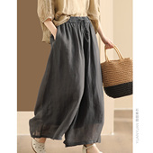 长裤 松紧腰裙裤 女双层内衬休闲裤 园园美衣复古100支细苎麻阔腿裤