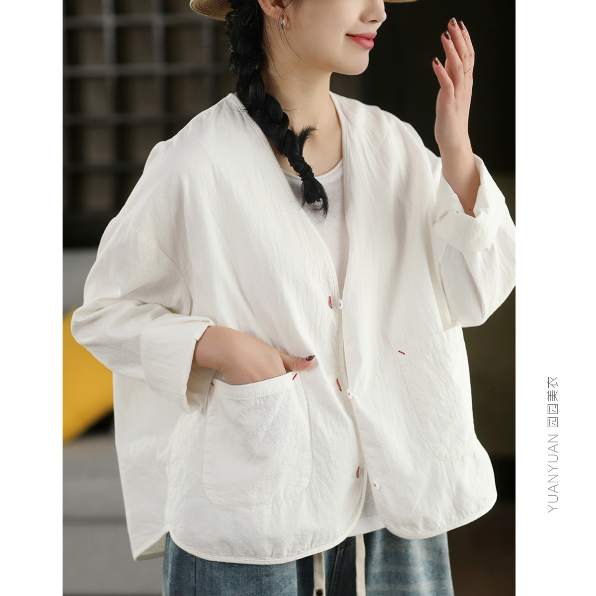 园园美衣复古手工钩线100%棉V领外套女春款单排扣开衫外搭上衣,女装/女士精品,短外套,淘宝优惠券,粉丝福利购,淘宝优惠卷