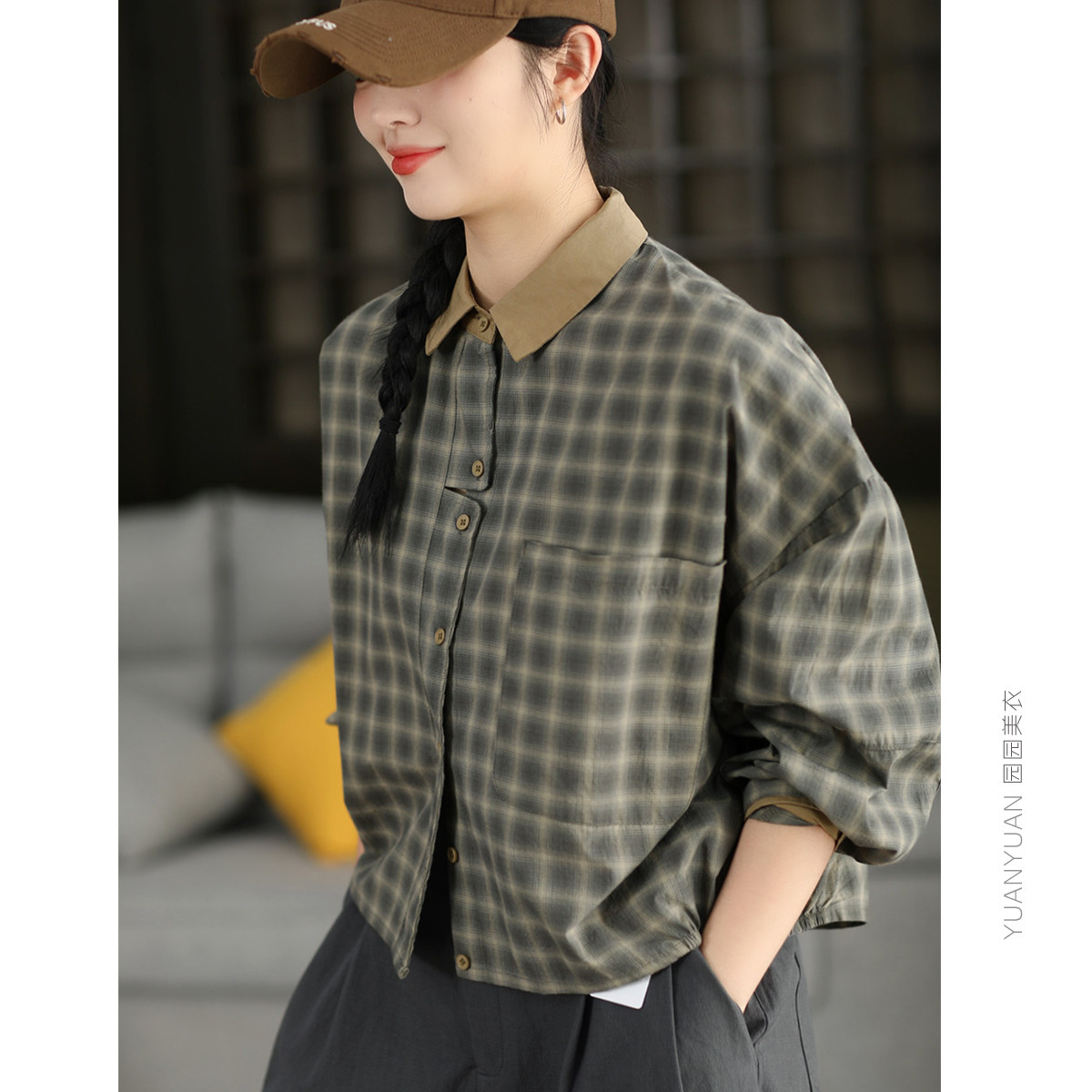 园园美衣复古格纹100%棉短款衬衫女撞色翻领长袖衬衣格子上衣春款