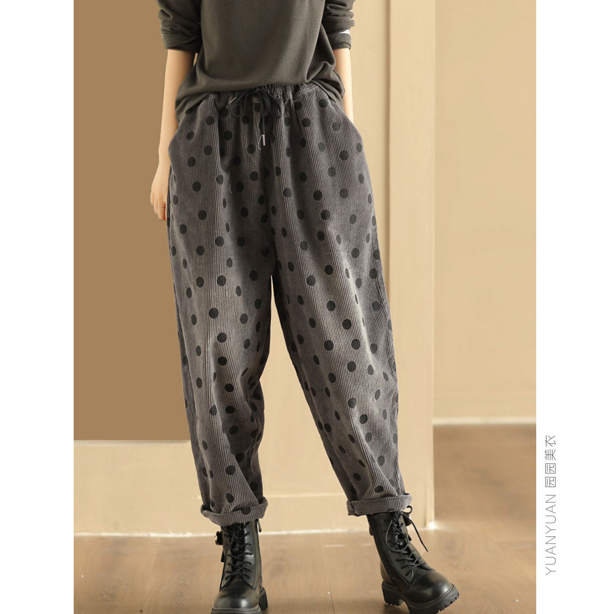 园园美衣新款复古坑条灯芯绒哈伦裤女文艺波点宽松条绒显瘦长裤,女装/女士精品,休闲裤,淘宝优惠券,粉丝福利购,淘宝优惠卷