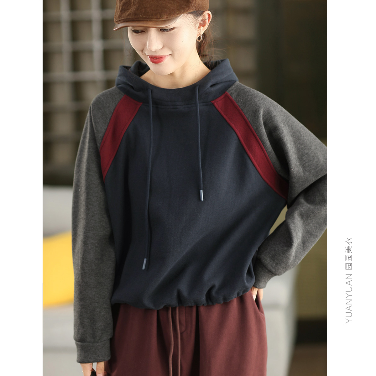 拼色针织棉加厚卫衣加绒帽衫