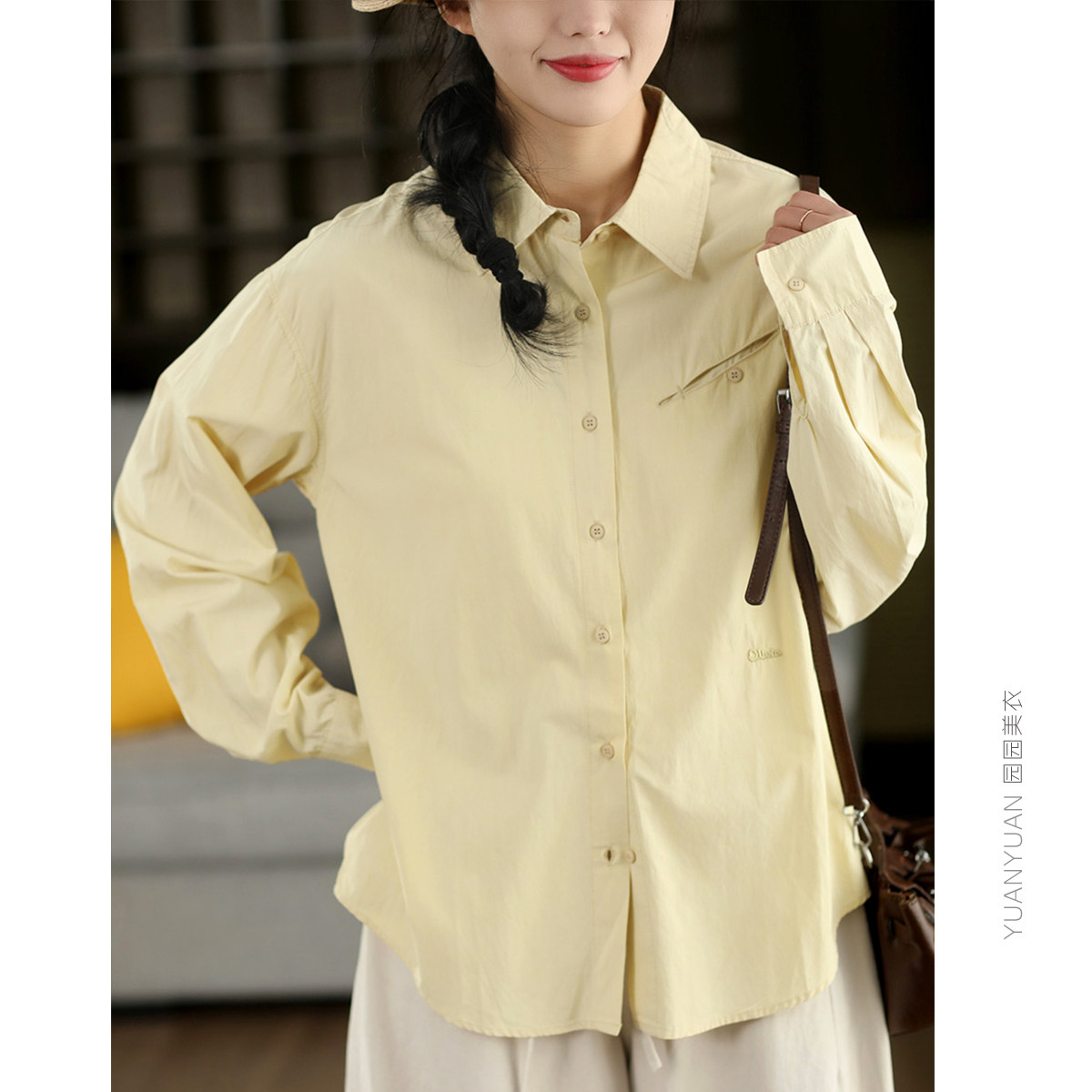 园园美衣复古字母刺绣棉质翻领衬衫女春款长袖纯色衬衣单排扣上衣