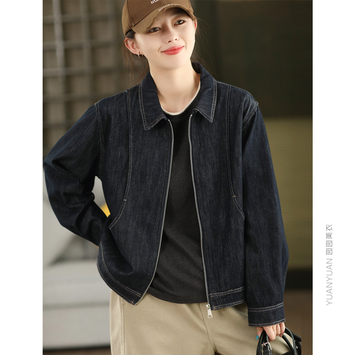 秋款重工莱赛尔棉牛仔外套女休闲翻领拉链长袖开衫外搭上衣夹克