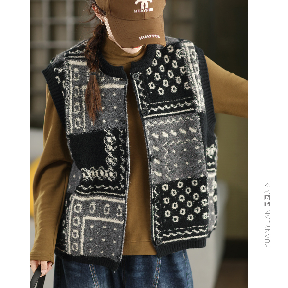 秋冬重工提花加厚毛巾绒针织马甲时尚螺纹圆领无袖马夹背心外搭