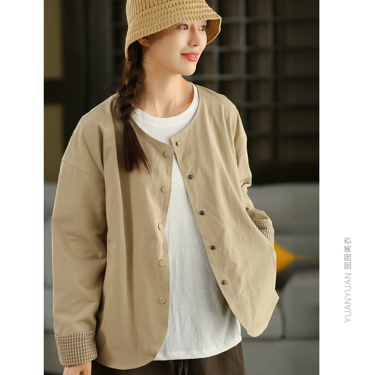 园园美衣秋款高密棉短风衣外套女时尚正反两面穿格子开衫外搭上衣