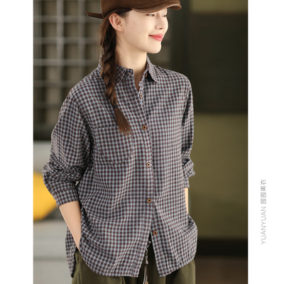磨毛全棉格纹衬衫单排扣上衣