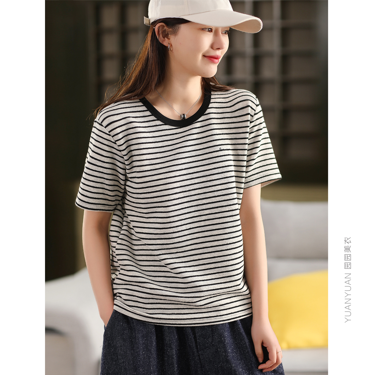 文艺条纹短袖上衣T恤套头