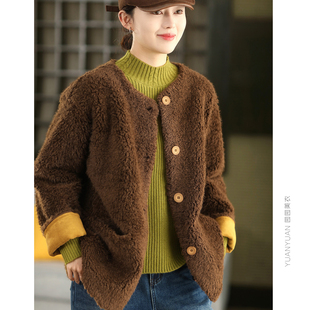 皮毛一体加厚外套女时尚羊羔毛保暖内里麂皮绒单排扣冬季毛毛开衫