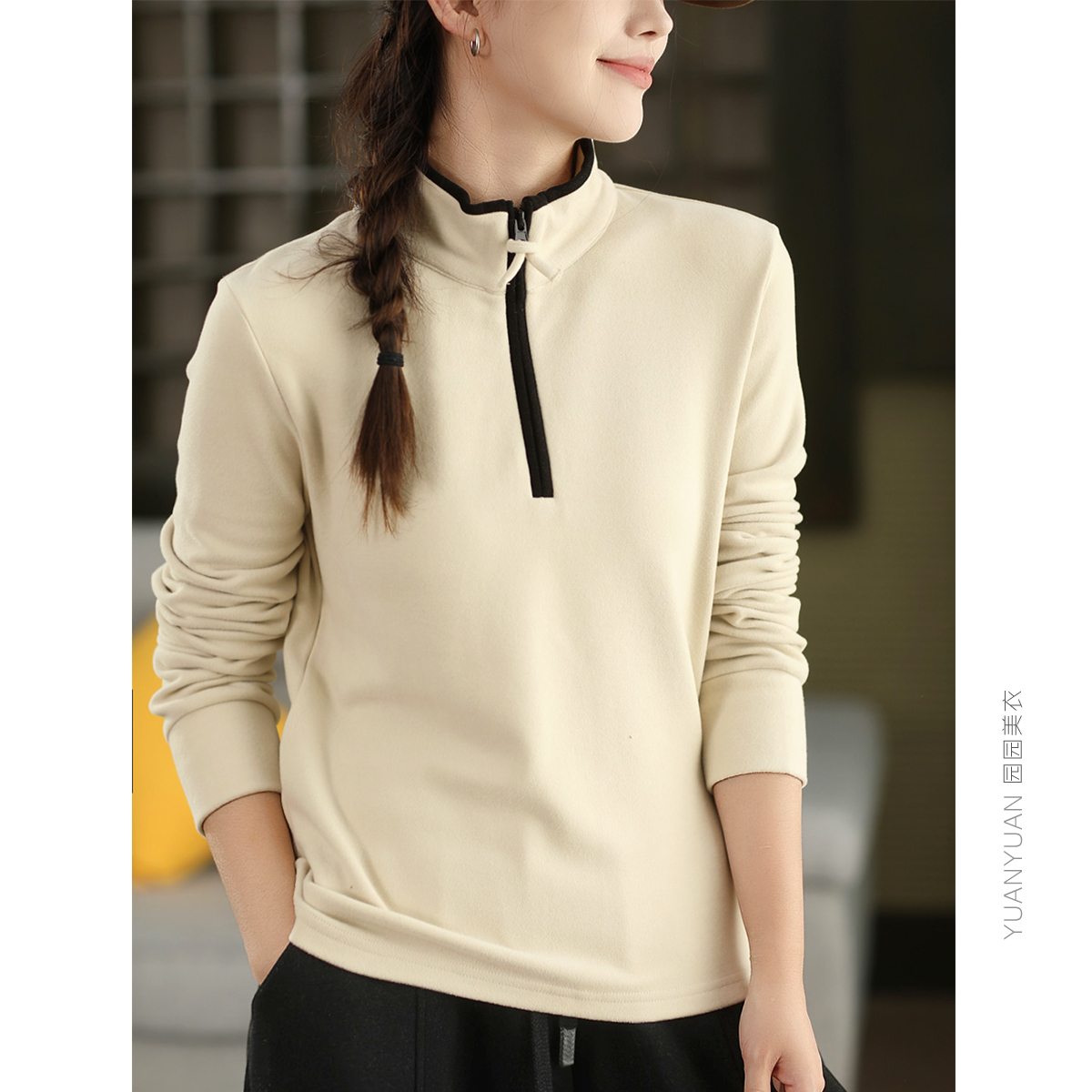 拼色半拉链套头卫衣时尚上衣