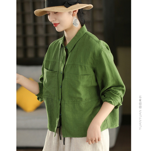 春款 开衫 纯色显瘦衬衣上衣 气质翻领长袖 3.24美衣复古100%汉麻衬衫