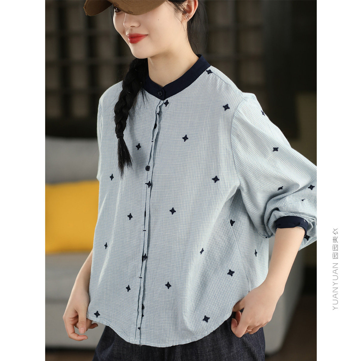 园园美衣复古色织格纹100%棉衬衫女刺绣撞色立领衬衣格子长袖上衣