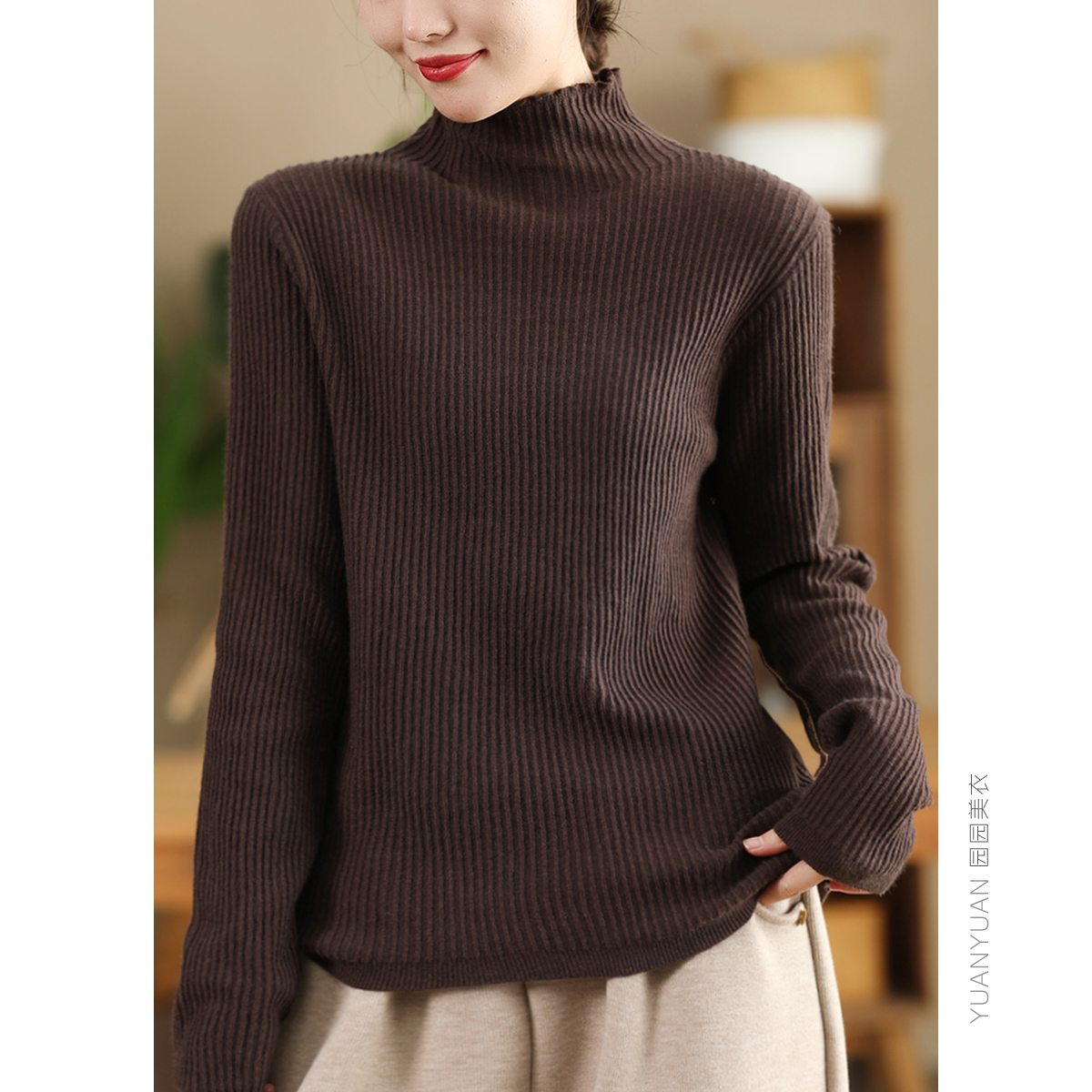 针织套头半高领坑条显瘦