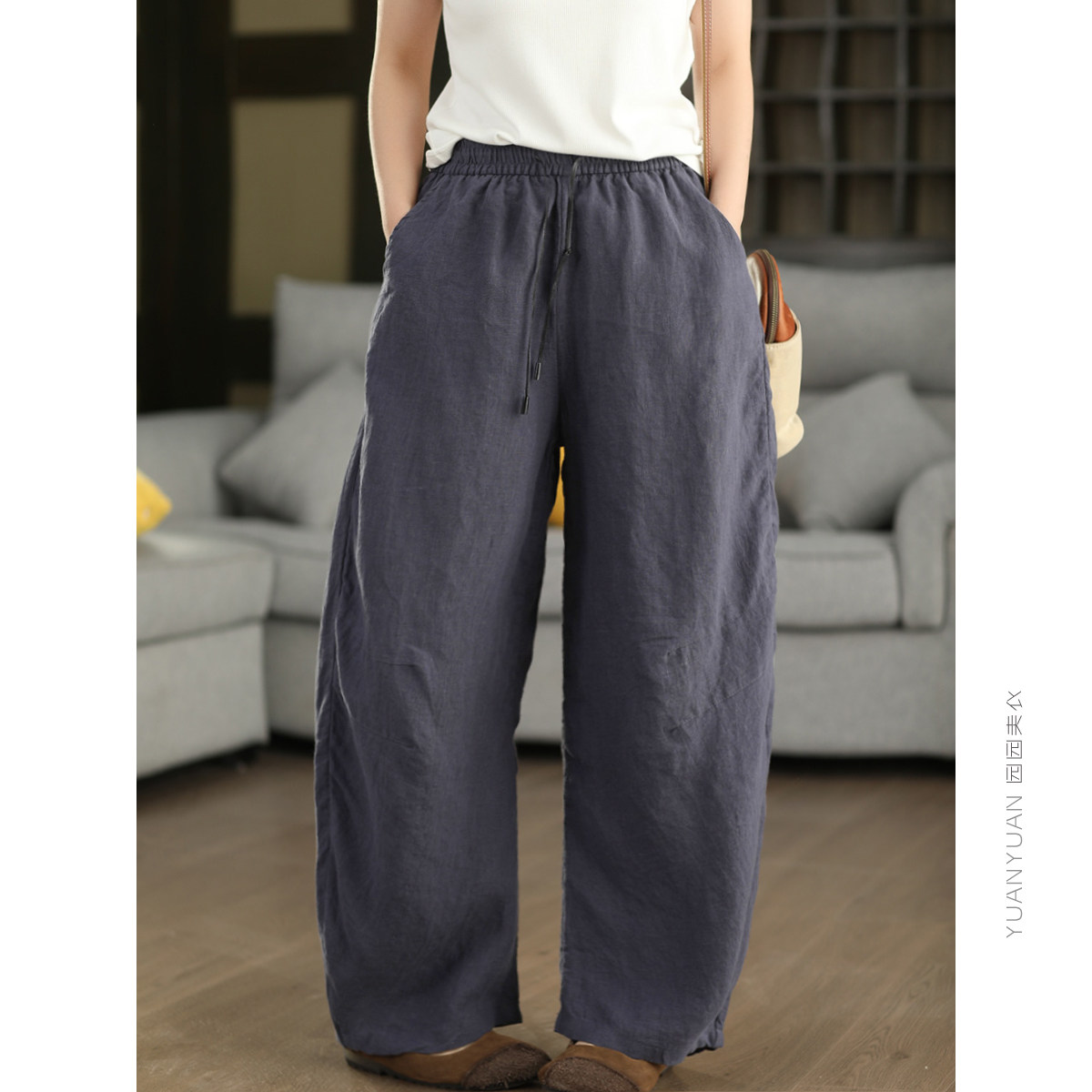 园园美衣复古40支100%亚麻香蕉裤休闲女松紧腰时髦弯刀裤文艺长裤