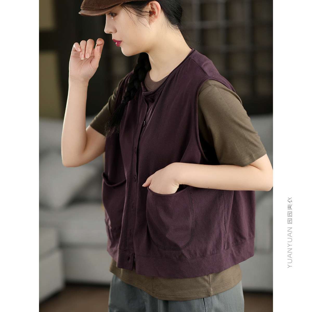 园园美衣复古炒色100%棉无袖背心马甲女圆领单排扣开衫外搭上衣夏